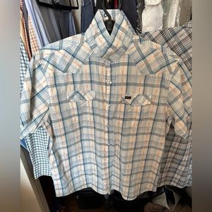 Howler brothers H Bar B Pearl Snap Shirt. Men’s size large. Blue/orange/white